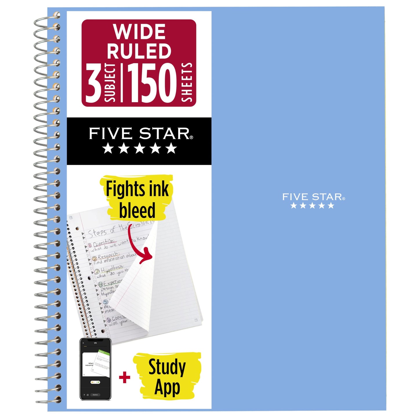 Five Star Spiral Notebook + Study App, 3 Subject, Wide Ruled Paper, 8" x 10-1/2", 150 Sheets, Fights Ink Bleed, Water Resistant Cover, Tidewater Blue