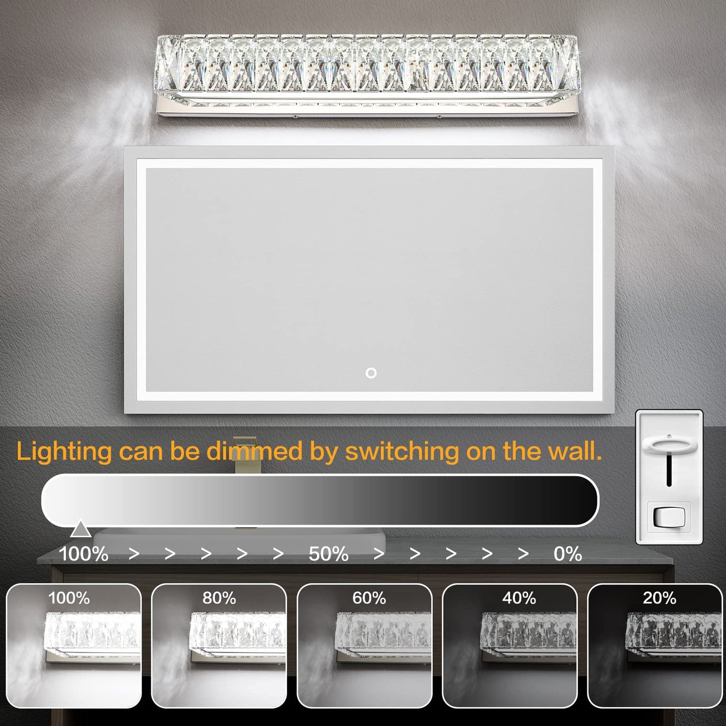 ZUZITO Modern Bathroom Light Fixtures - LED Vanity Lights for Bathroom 18W - Crystal Chrome Lighting Fixtures Over Mirror for Bath