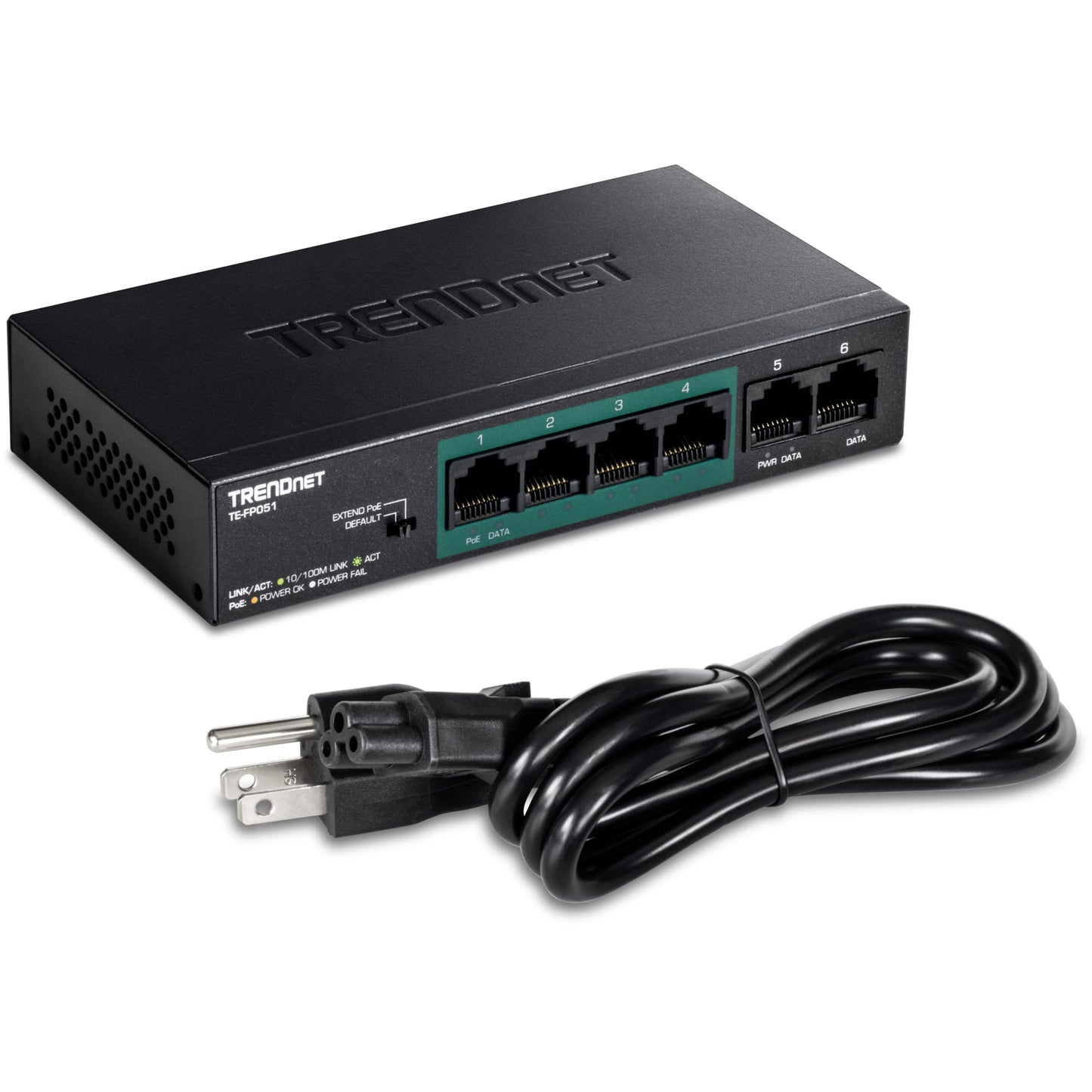TRENDnet 6-Port Unmanaged Fast Ethernet Long Range PoE+ Switch, 4 x PoE+ Ports, 2 x Fast Ethernet Ports, DIP Switch Extends PoE+ 250m (820 ft.) at