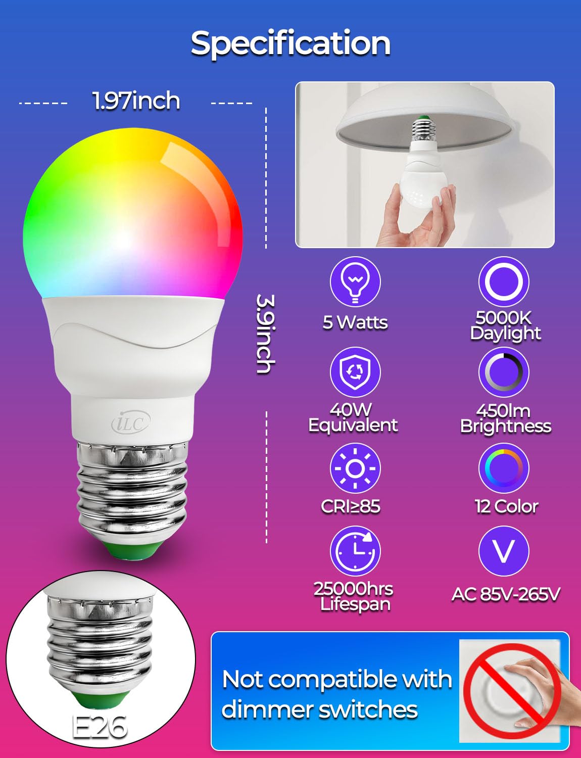 ILC Color Changing LED Light Bulb, A15 40W Equivalent, 5000K Daylight White, 450LM 5W E26 Screw Base RGBW, Mood Light Bulb - RGB 12 Color Choices