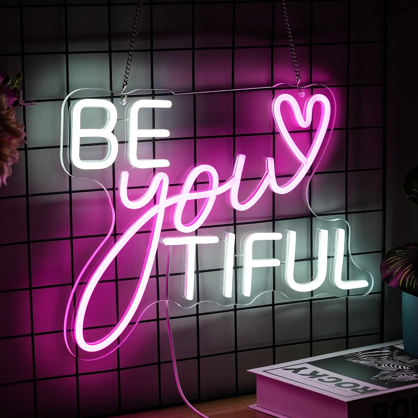 Be Your Tiful Neon Sign Dimmable Letter Neon Signs White Pink Wall Decorative Lights Powered USB with Switch for Bedroom Kid Room Shop Apartment