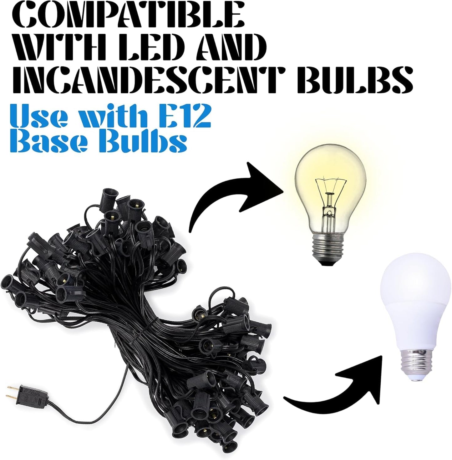 Holiday Lighting Outlet C7 Christmas Light String, Patio and Event Lighting, Black Cord, 12" Socket Spacing SPT-1 (50',)