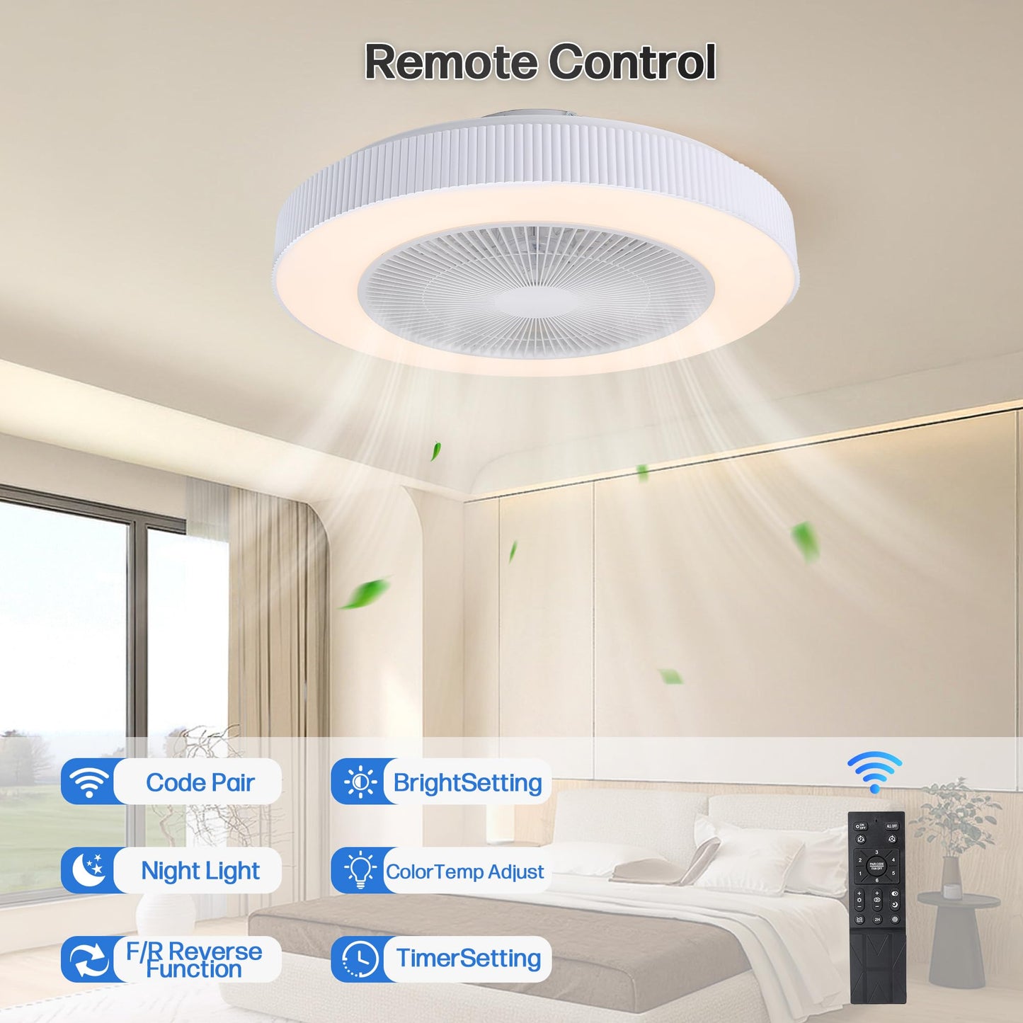 LED Bladeless Ceiling Fan with Light, 20 Inch Low Profile Flush Mount, Remote Control 6-Speed Silent Reversible Motor, 3000LM Dimmable 3-Color Temp