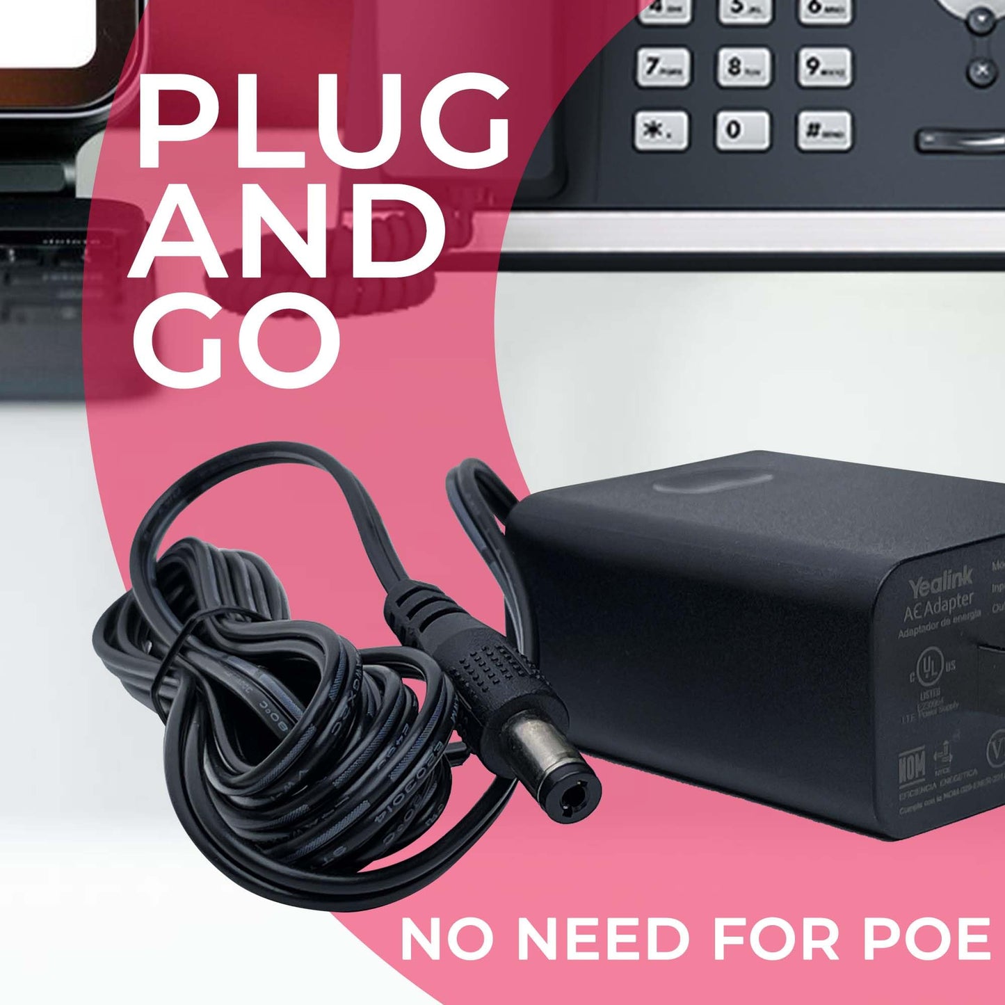 Yealink Phone Power Adapter PS5V2000US - for Yealink Telephones T46, T48S, T58A, T58-CAM, T54W, T57W, Teams Phones - MP52, MP54, MP56, T85W, T87W