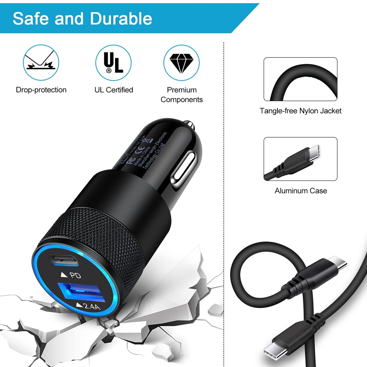 USB C Fast Car Charger for Samsung Galaxy S26 S25 S24 S23 Ultra S22 S21 S20 A17 A16 A15 A52 A55 A54 Note 20,30W 2 Port Car Charger Adapter+USB C to C