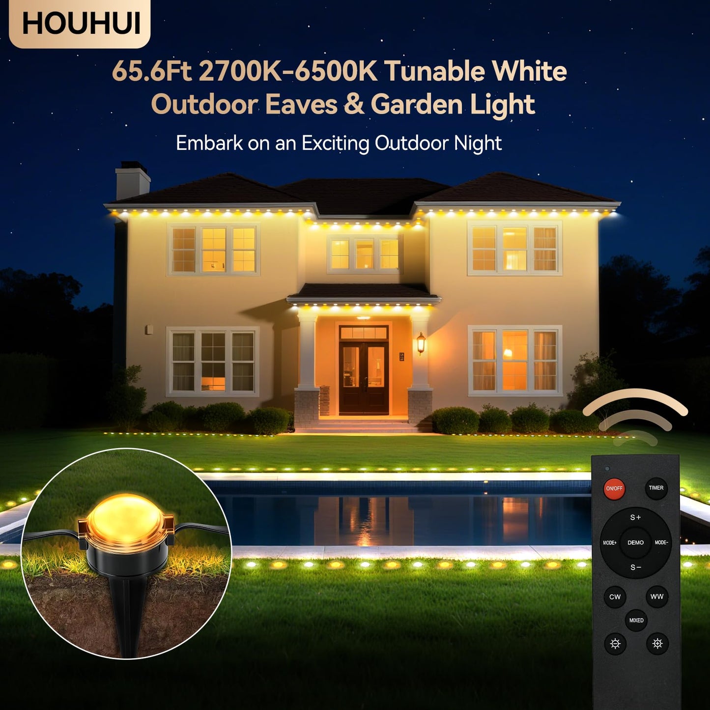 Permanent Outdoor Lights Warm to Cool White, 65.6Ft 2700K-6500K White 2-in-1 Eaves & Ground Stakes LED Lights IP67 Waterproof with Remote, Outside