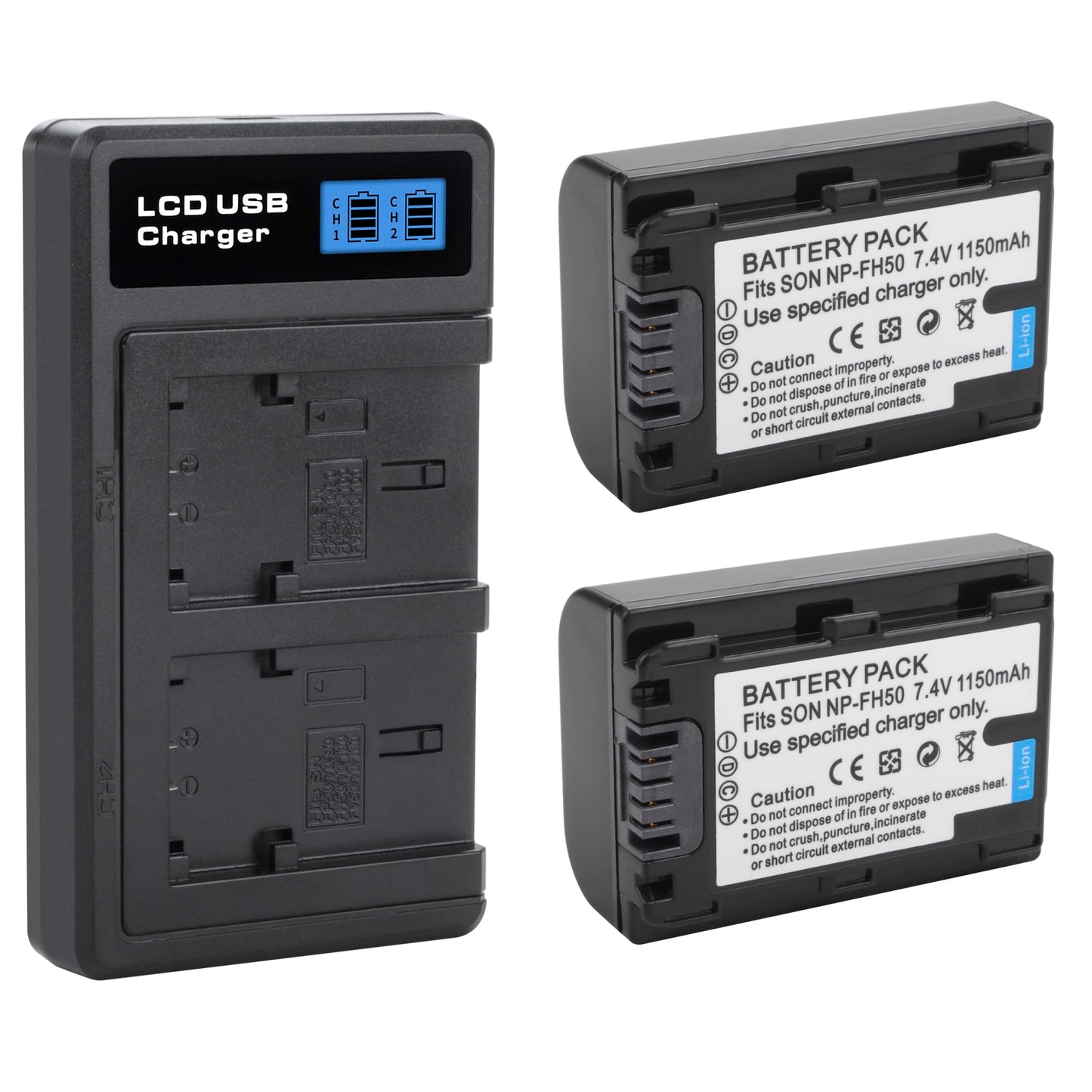 2-Pack NP-FH50 Battery with USB-C Smart LCD Dual Charger for Sony DSLRA230 DSC-HX1 DSC-HX100V HDR-TG5V DSLR-A230 DSLR-A330 DSLR-A380 DSLR-A390