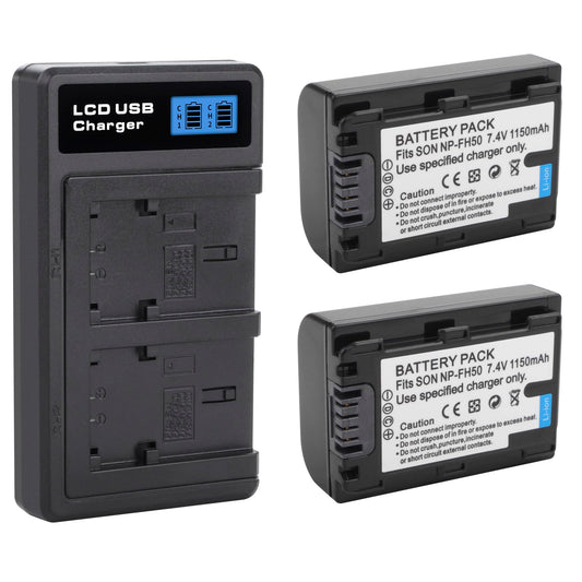 2-Pack NP-FH50 Battery with USB-C Smart LCD Dual Charger for Sony DSLRA230 DSC-HX1 DSC-HX100V HDR-TG5V DSLR-A230 DSLR-A330 DSLR-A380 DSLR-A390
