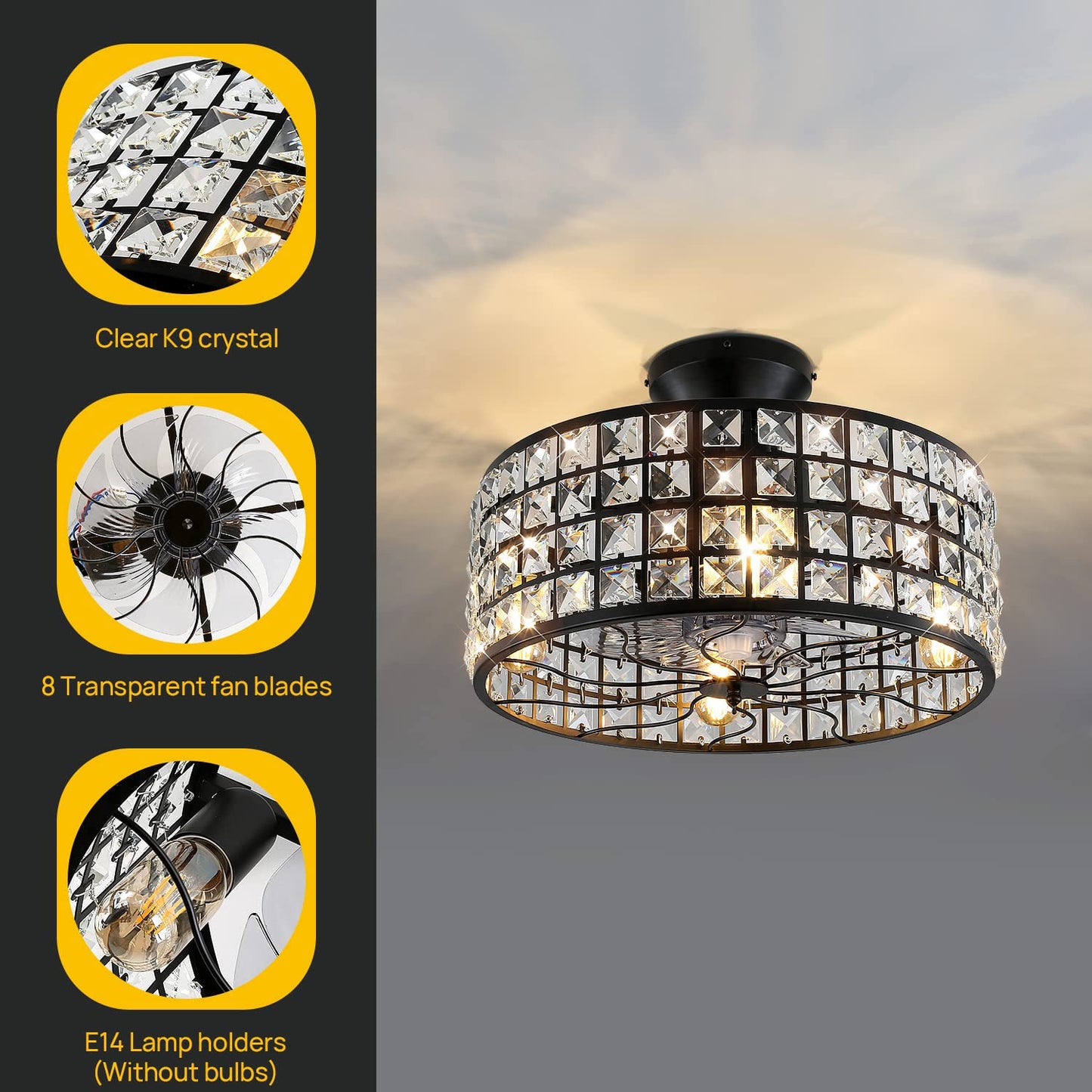 OBCGT 18inchCage Ceiling Fan with Lights Remote Control 8 Blades Rustic Crystal Chandelier Fan Industrial Bladeless for Living Dining Room Bedroom