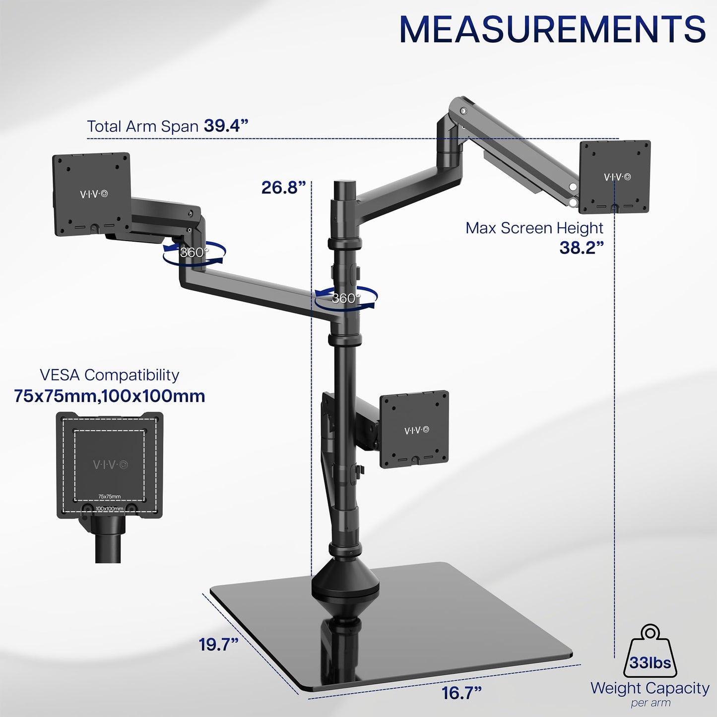 VIVO Pneumatic Arm Triple Ultrawide Monitor Desk Stand for Up to 49 inch Screens with Tempered Glass Base, Holds 3 Ultra Wides Up to 33 lbs Each