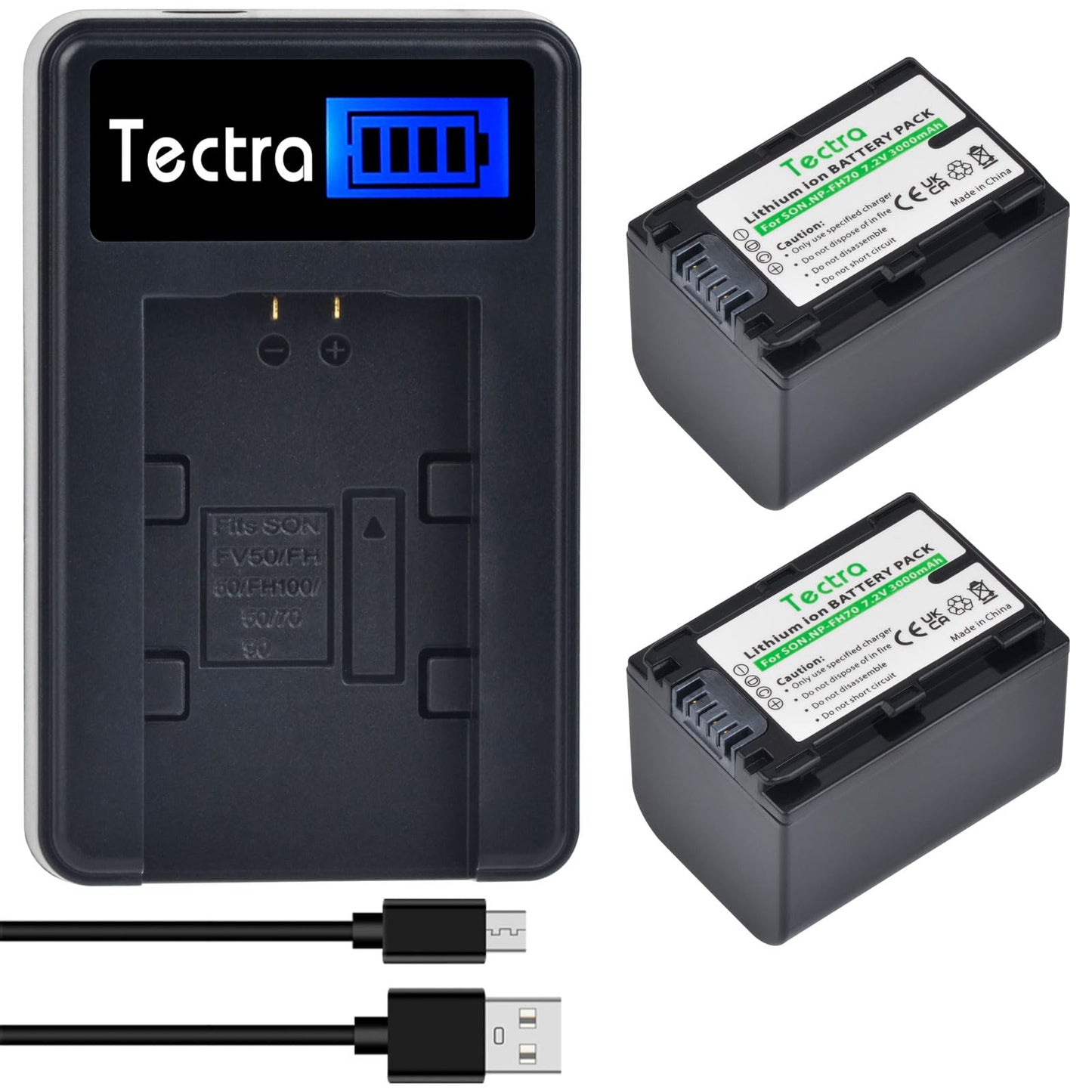 Tectra 2-Pack NP-FH70 Battery and LCD USB Charger for Sony NP-FH30, NP-FH50, NP-FH60, NP-FH90 NP-FH100 and Sony HandyCam DCR-DVD650, DCR-HC20, SX40