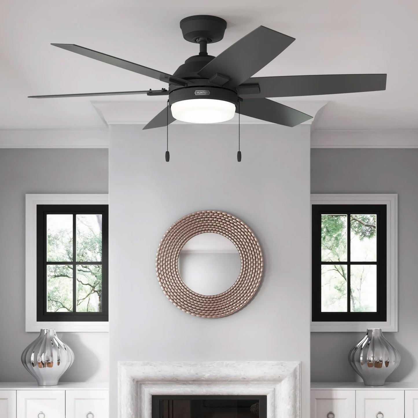 Hunter 52 inch Matte Black Indoor Ceiling Fan with Lights and Pull Chains for Bedroom, Living Room, Dining Room, Kitchen, Office (Renewed)