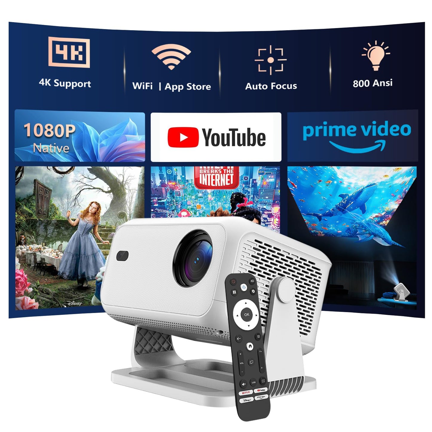 Netflix Officially 4K Smart Projector with WiFi and Bluetooth, AI Auto Focus 800 ANSI 1080P Native Portable Outdoor Indoor Home Video Projectors