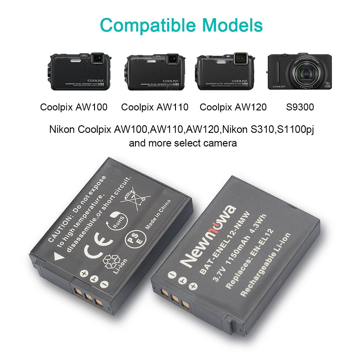 EN-EL12 Newmowa Replacement Battery (2-Pack) and Dual USB Charger for Nikon EN-EL12 and Nikon Coolpix AW100 AW100s AW110 AW110s AW120 P330 P340 S310