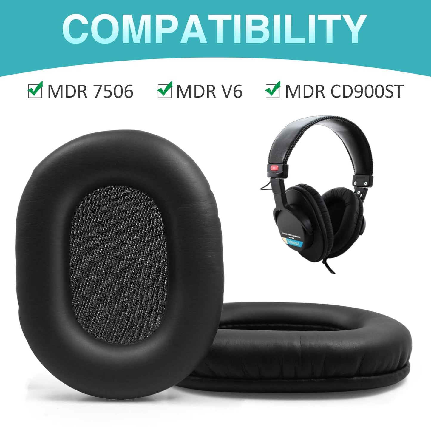 Replacement Ear Pads for Sony MDR-7506, Headphones Replacement Pads Also Fits MDR-V6 MDR-CD900ST, Earpads Cushions with Soft Leather, Memory Foam
