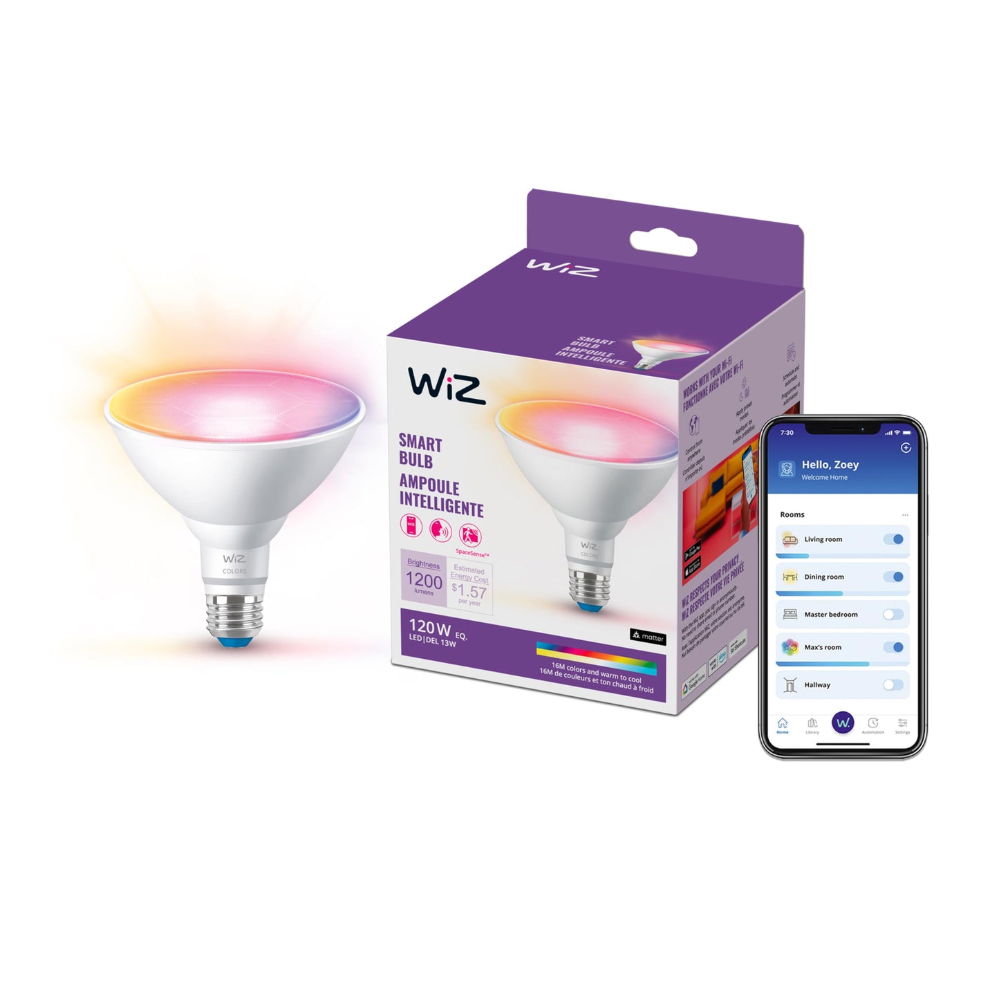 WiZ Connected 120W PAR38 Color LED Light Bulb - Connects to Your Wi-Fi - E26 Smart Bulb - Control with Voice or App + Activate with Motion - Matter