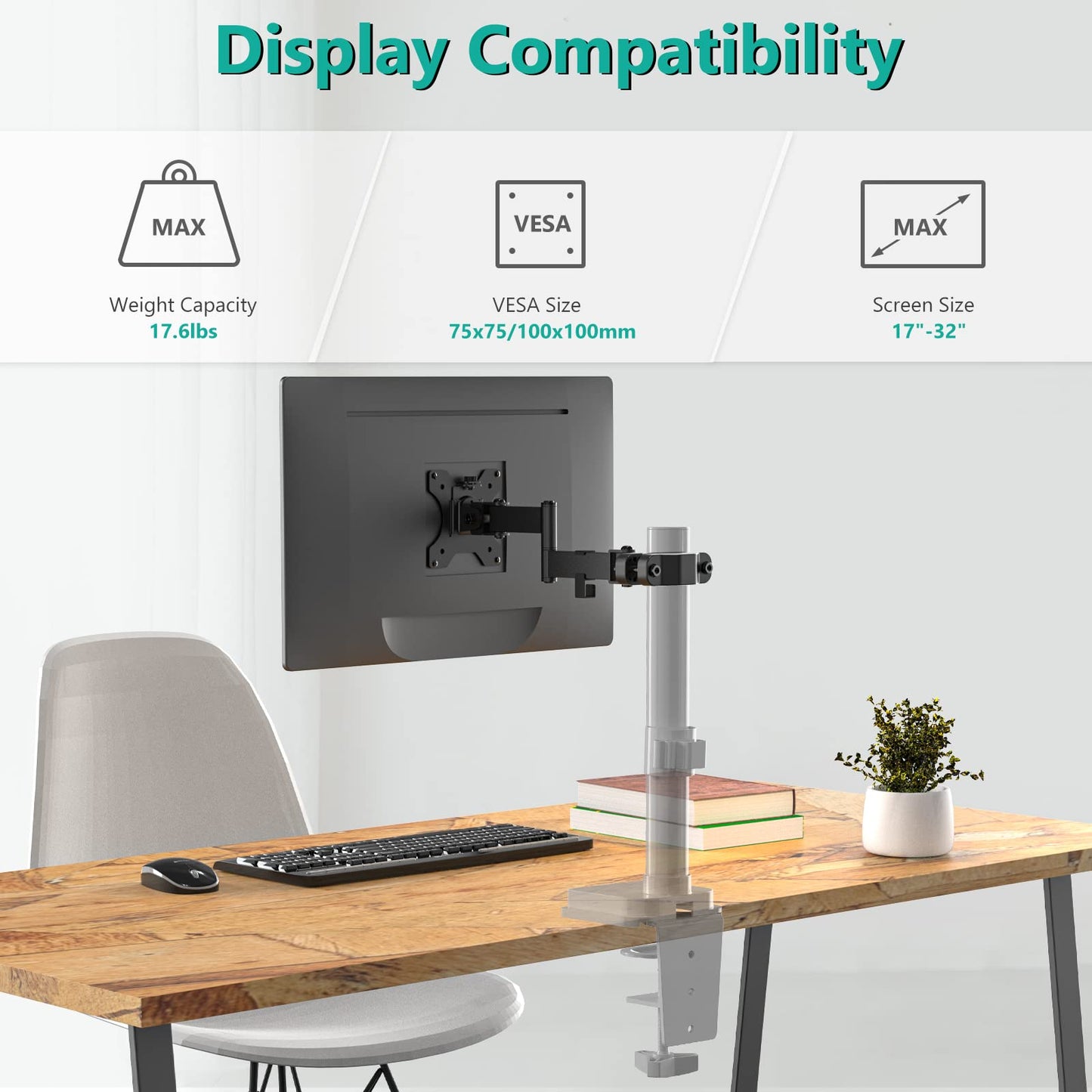 WALI Single Monitor Arm Mount for 17 to 32" Monitors, Full Motion Steel Monitor Pole Mount Bracket with Removable VESA Plate 75mm and 100mm, Vesa