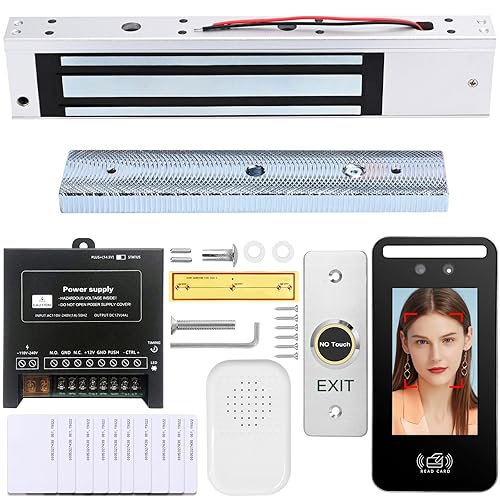 Facial Recognition Access Control System Kit w/5" Screen & 1.3MP Camera, 600lbs Magnetic Lock, Keypad/RFID Entry, AC110V-DC12V Power & Infrared Switch