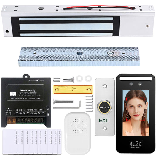 Facial Recognition Access Control System Kit w/5" Screen & 1.3MP Camera, 600lbs Magnetic Lock, Keypad/RFID Entry, AC110V-DC12V Power & Infrared Switch