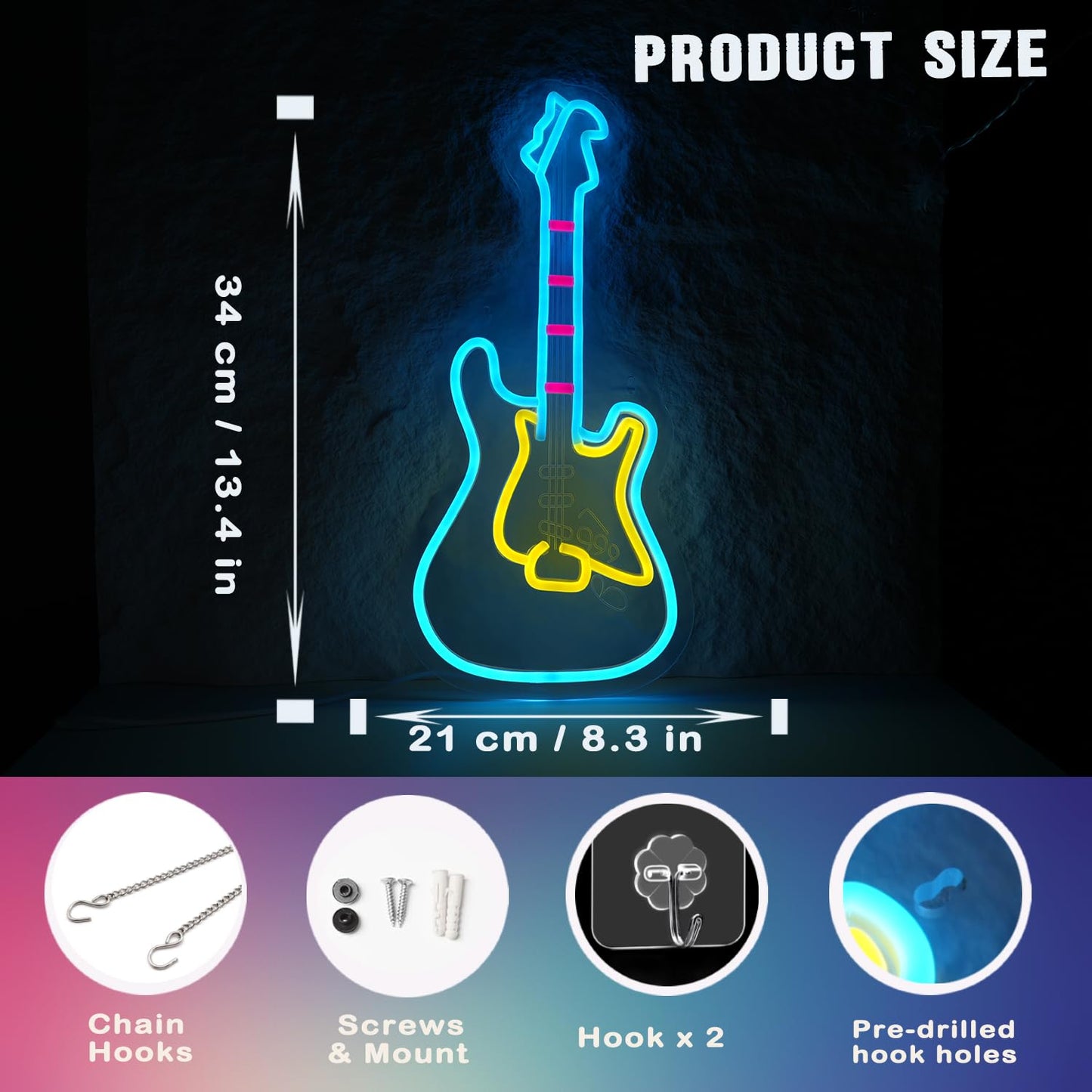 Electic Guitar Neon Light, Guitar Neon Sign, LED Wall Decor with USB Powered (6.5ft cable), Dimmable Light Guitar Gifts Aesthetic Decor for Man Cave