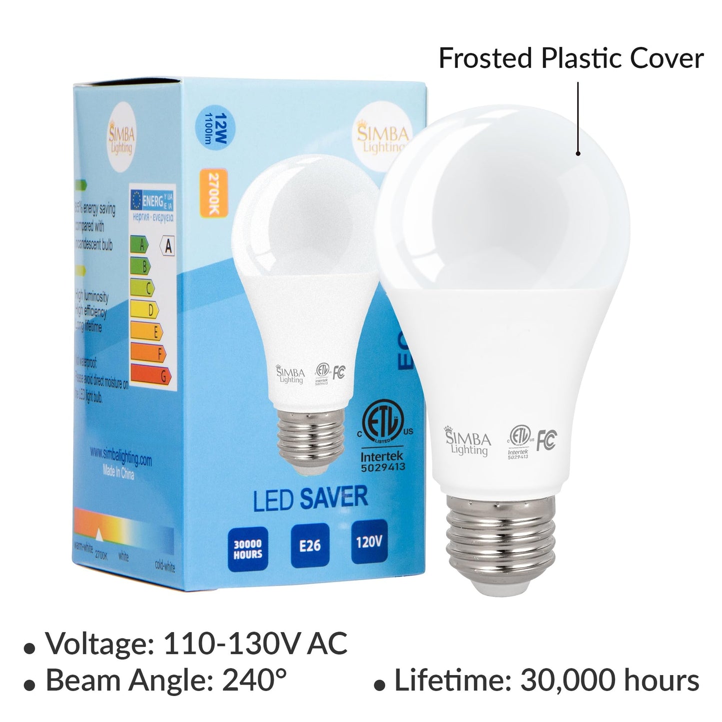 Simba Lighting LED A19 12W 120V ETL Listed Light Bulbs E26, 2700K, 4 Pack