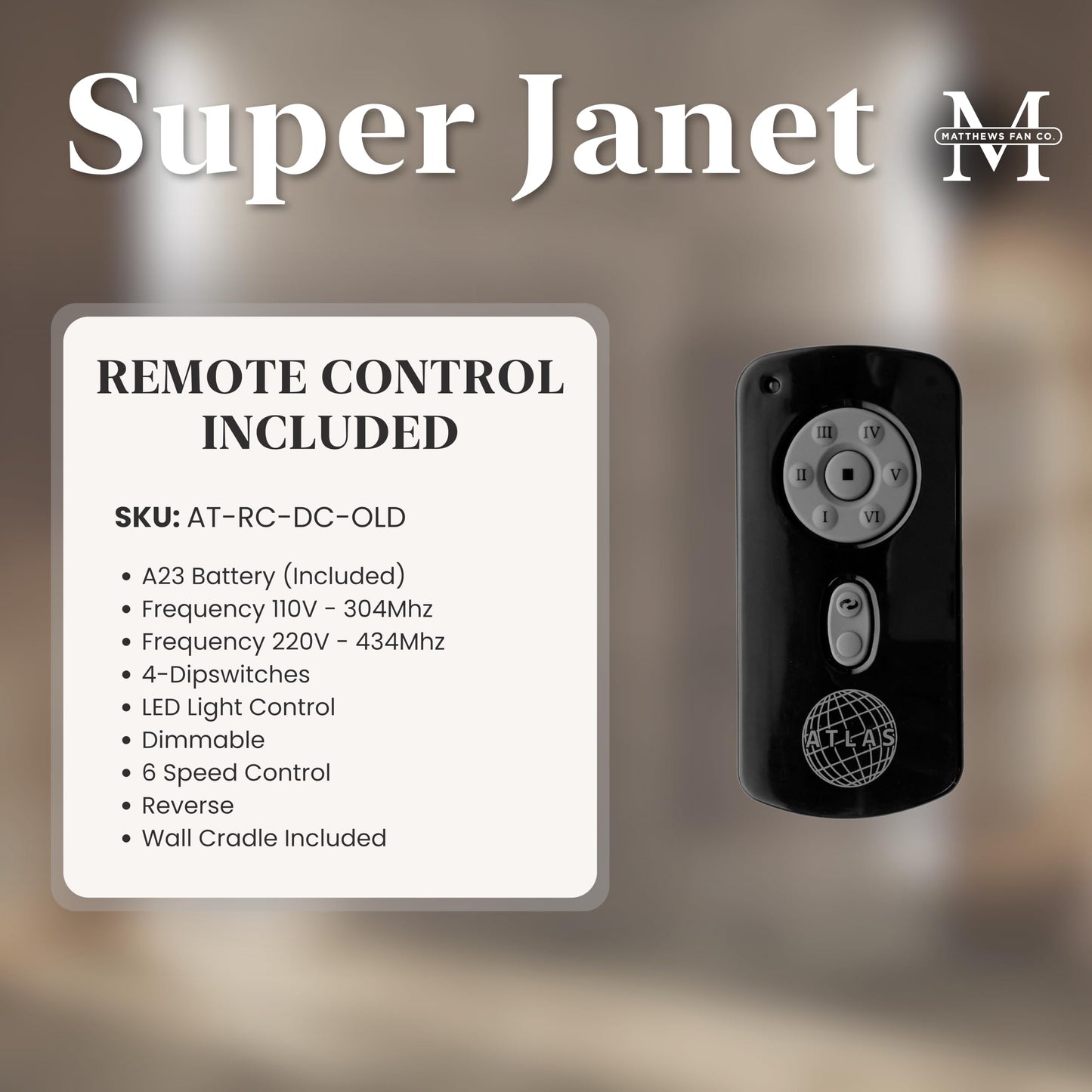 Matthews SJ-WH-WN-42 Super Janet Damp Rated 42" Ceiling Fan with LED Light and Remote & Wall Control, Silent DC Motor, 3 Solid Wood Blades, Gloss