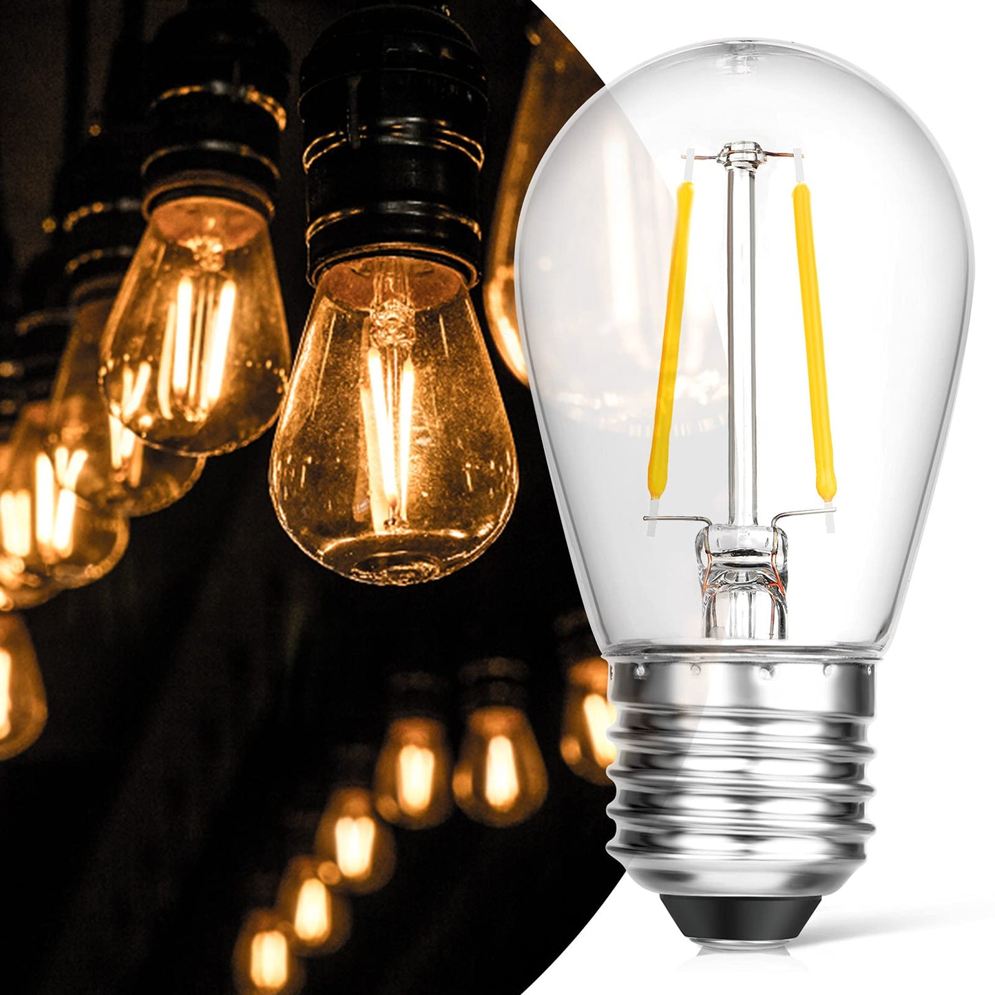 ECOVANIA Upgrade IP65 Waterproof Outdoor String Light Bulbs, 2W LED S14 Replacement Shatterproof Plastic Edison Light Bulbs, 130v E26 Medium Base