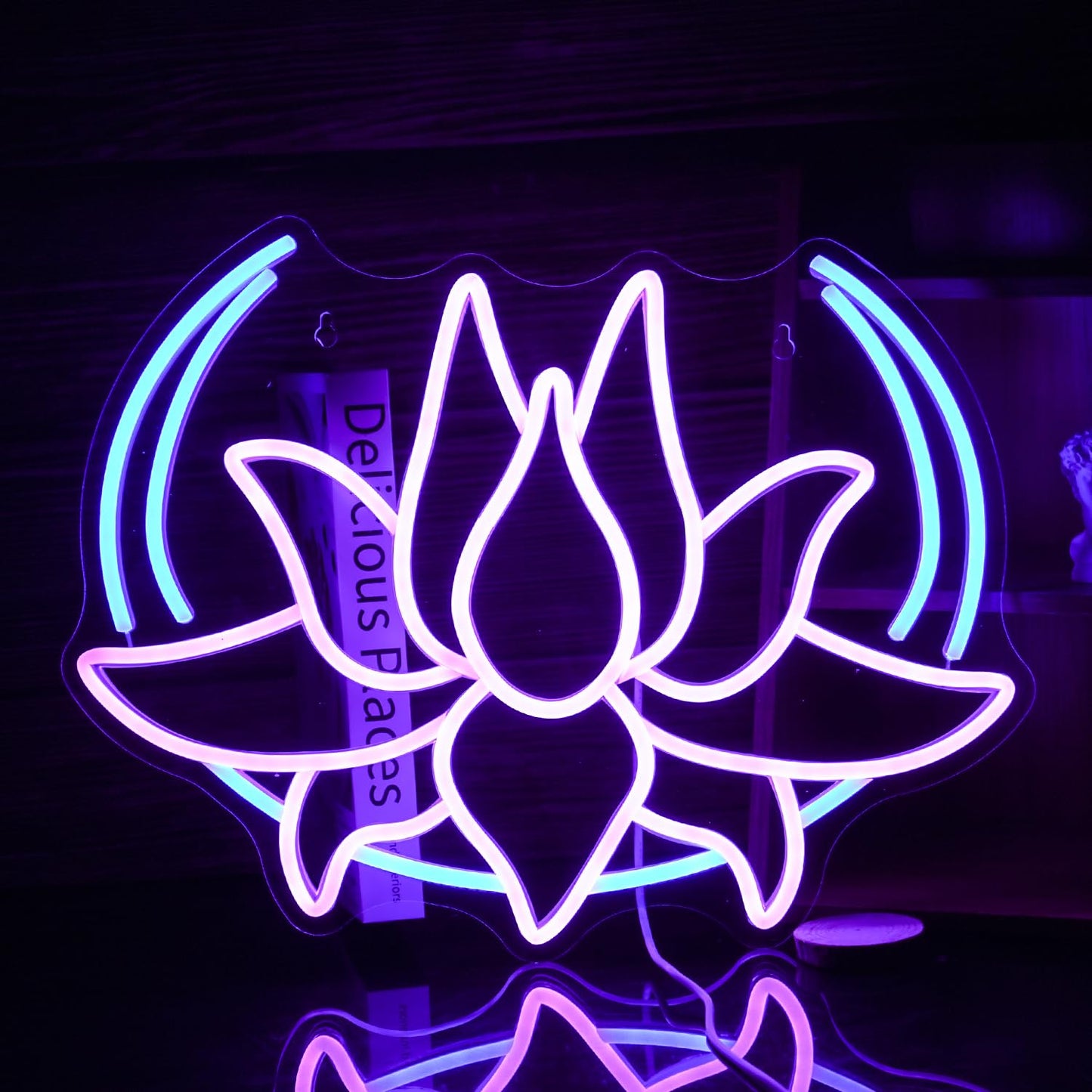 BNEMCEZH Moon Lotus Flower Neon Sign Dimmable Blue Moon Neon Light Sign for Wall Decor USB Power Purple Lotus Led Light Up Sign for Bedroom Yoga Room