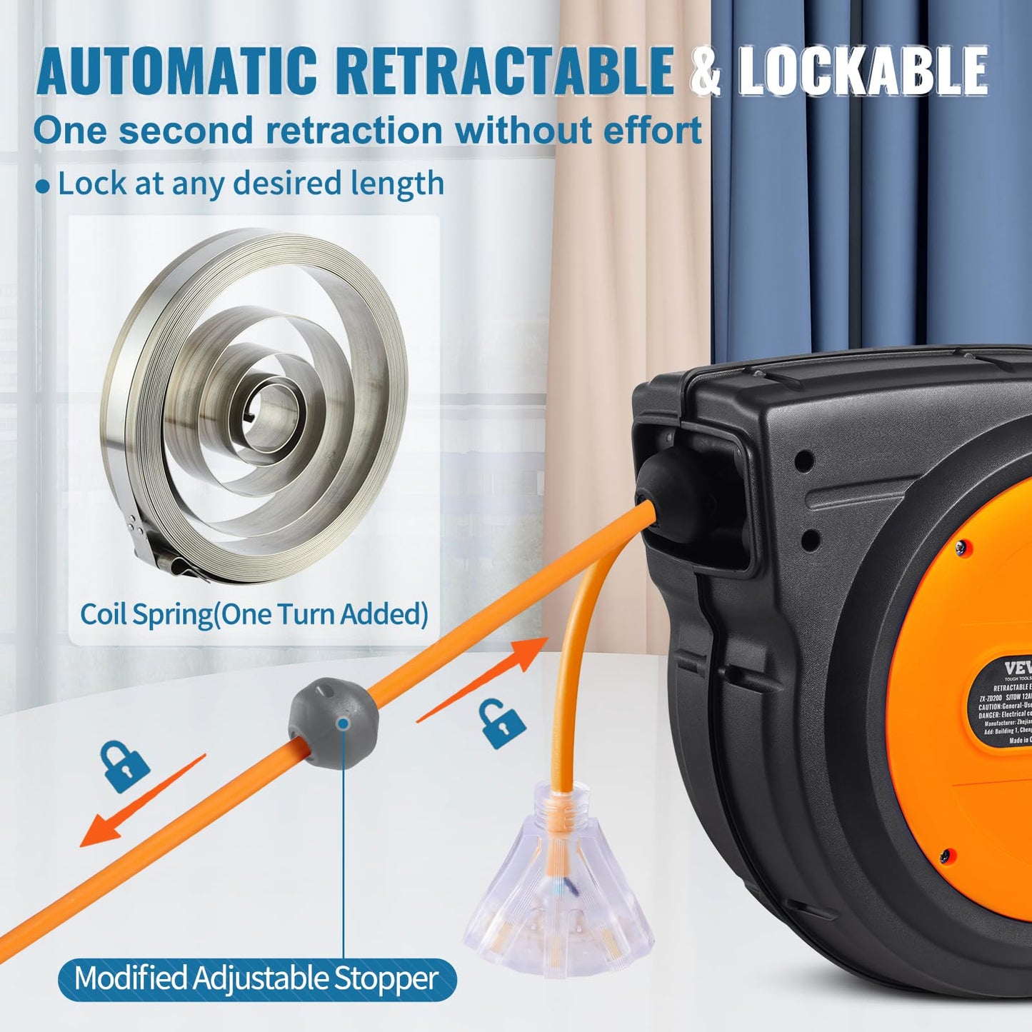 VEVOR Retractable Extension Cord Reel, 65 FT, Heavy Duty 12AWG/3C SJTOW Power Cord, with Lighted Triple Tap Outlet, 15 Amp Circuit Breaker, 180°