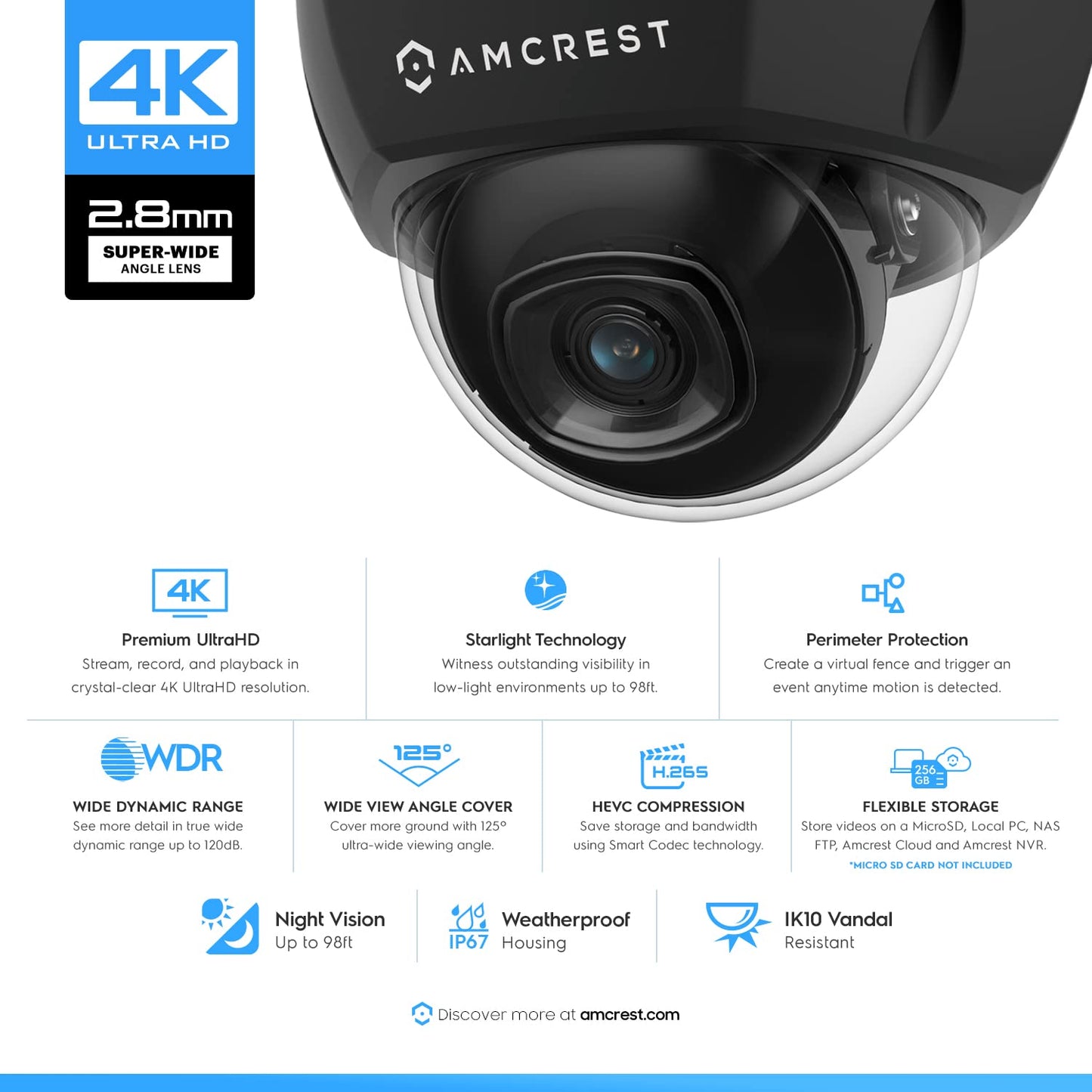 Amcrest 4K Outdoor POE IP Camera, UltraHD 8MP Security Camera, IK10 Vandal Resistant Dome, 2.8mm Lens, IP67 Weatherproof Security, Cloud & MicroSD
