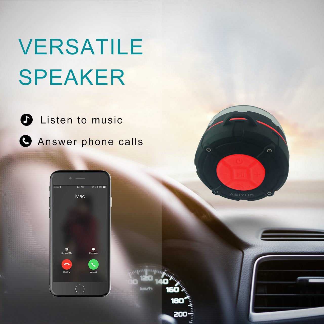 ASIYUN Shower Speaker, IPX7 Waterproof Bluetooth Speaker with HD Bass, Suction Cup & Durable Hook, Built-in Mic for Hands-Free Calls, Pool, Beach