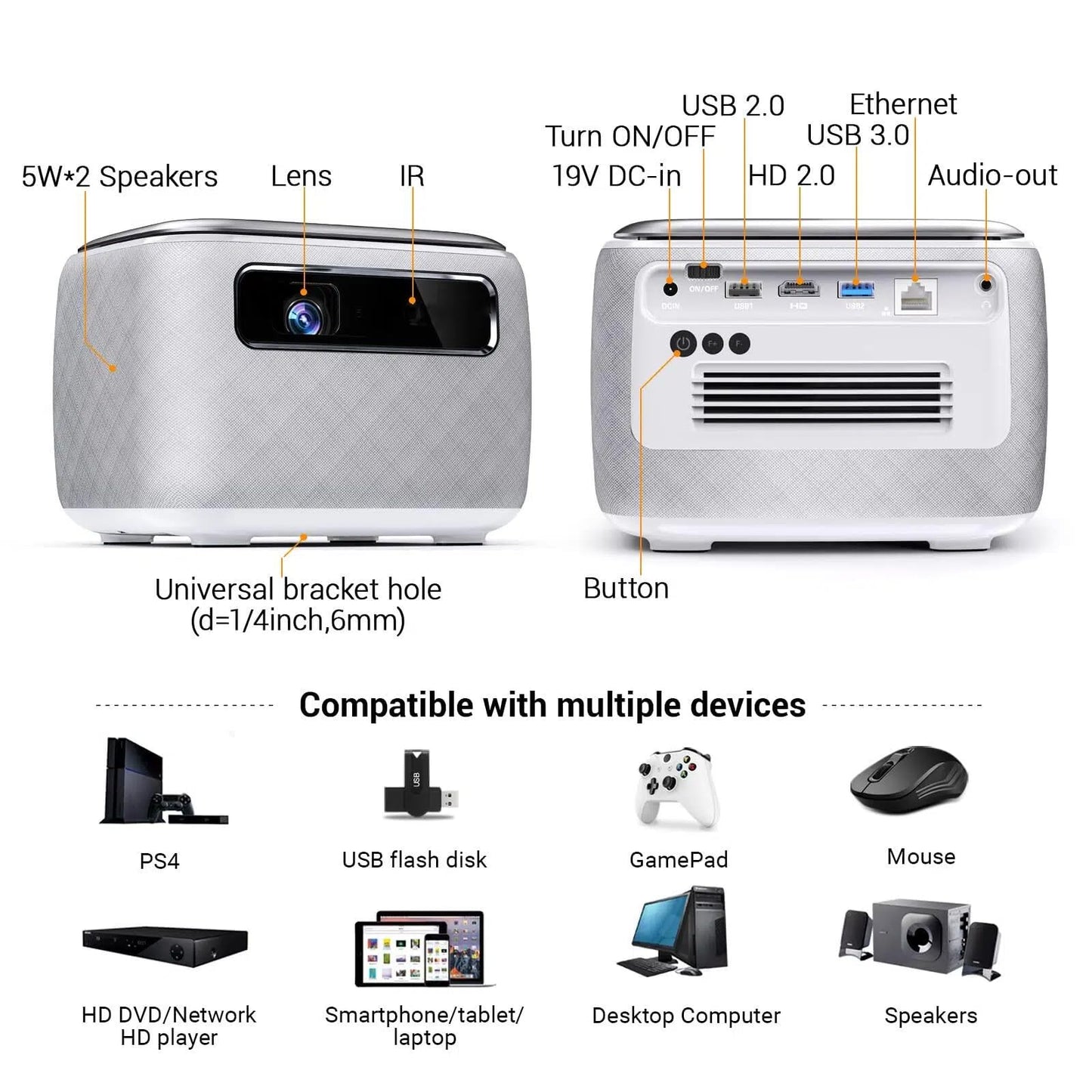 Outdoor-Projector-4k with WiFi and Bluetooth, AI Auto Focus 3D Projector, Smart Home Theater Outdoor Cinema with Rechargeable Battery, DLP Portable