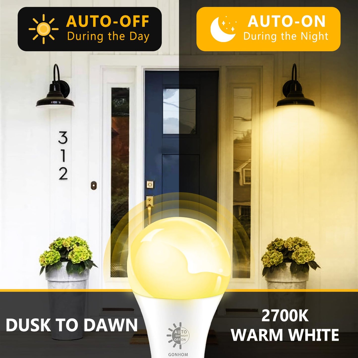 Gonhom 2 Pack Dusk to Dawn Light Bulbs Outdoor, 2700K Warm White, 720LM, 9W(60W Equivalent) A19 E26 Automatic On/Off LED Sensor Light Bulbs, Dusk
