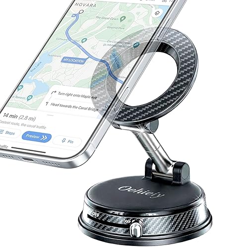 Oehieiy Car Phone Holder, Black Magnetic Phone Holder for Car, N52 Strong Magnets Suction Cup Mount, Dashboard Windshield, 1080° Rotation for All