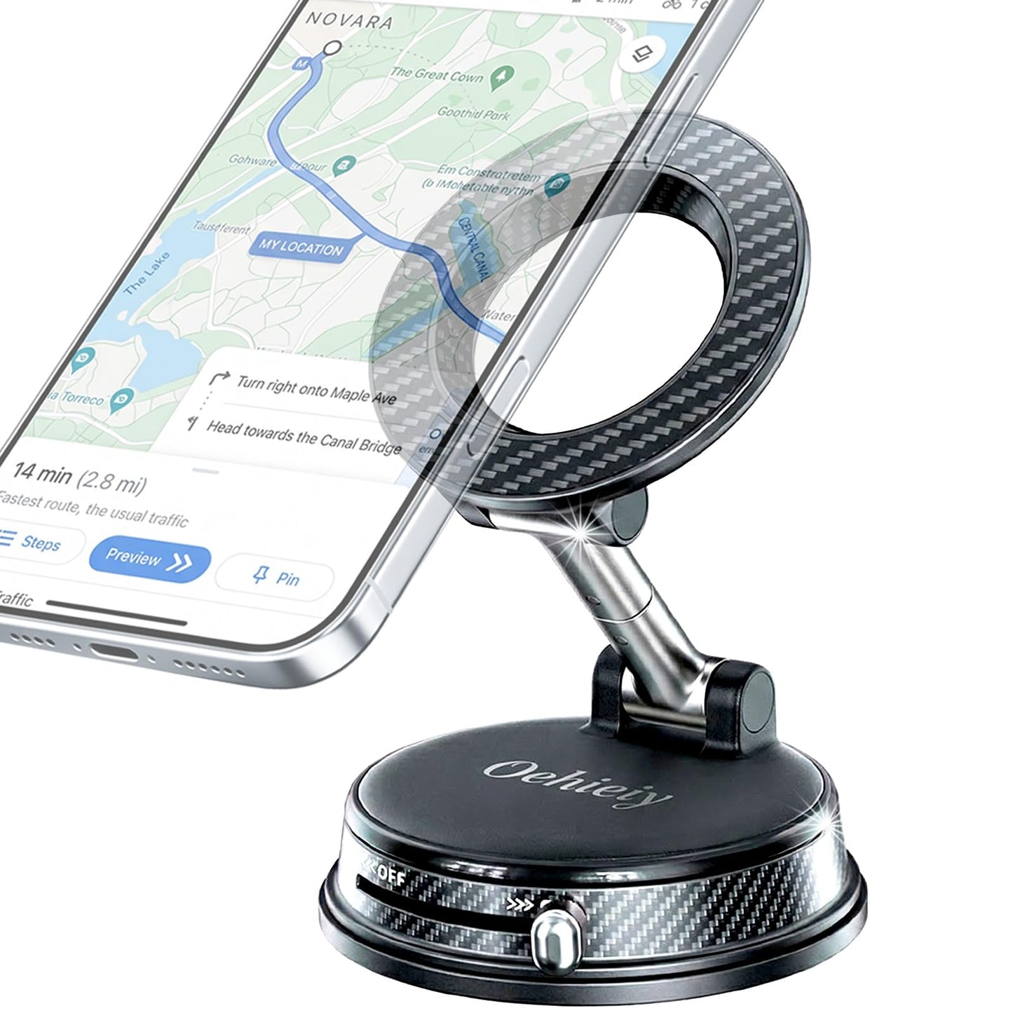 Oehieiy Car Phone Holder, Black Magnetic Phone Holder for Car, N52 Strong Magnets Suction Cup Mount, Dashboard Windshield, 1080° Rotation for All