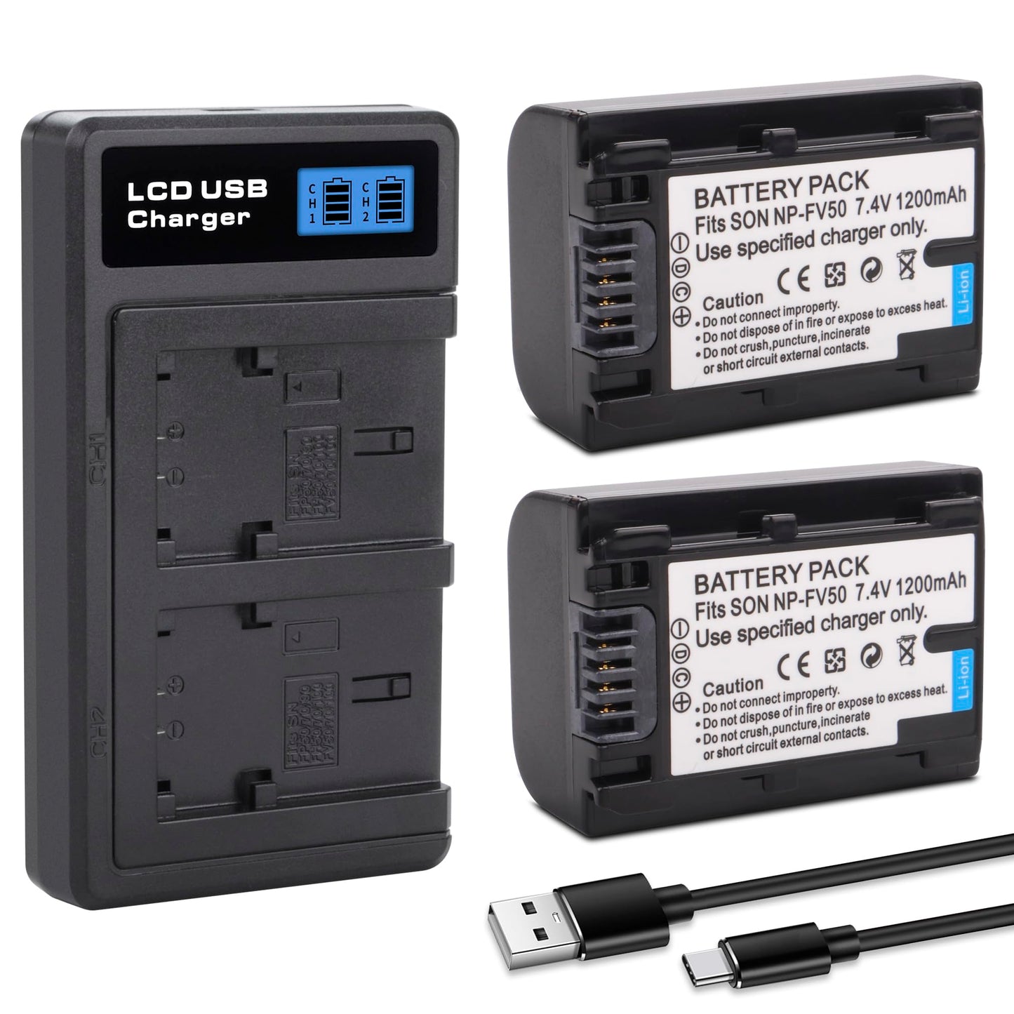 2-Pack NP-FV50 Battery with USB-C Smart LCD Dual Charger for Sony NP-FV30,NP-FV40 Batteries;Sony FDR-AX53 HDR-CX230 HDR-CX220 CX330 CX380 CX455 CX900