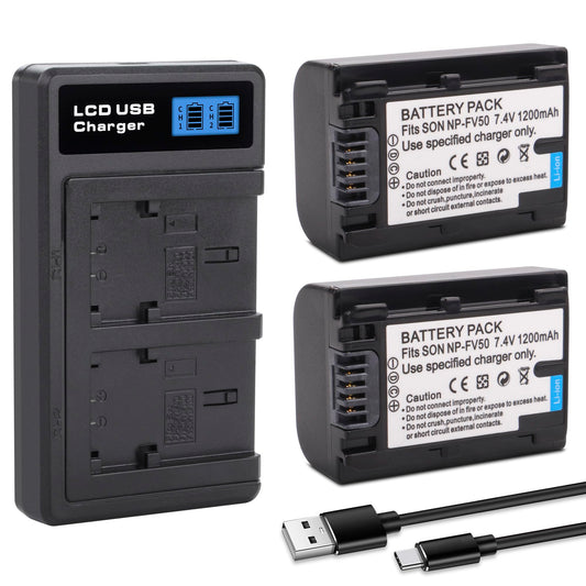 2-Pack NP-FV50 Battery with USB-C Smart LCD Dual Charger for Sony NP-FV30,NP-FV40 Batteries;Sony FDR-AX53 HDR-CX230 HDR-CX220 CX330 CX380 CX455 CX900