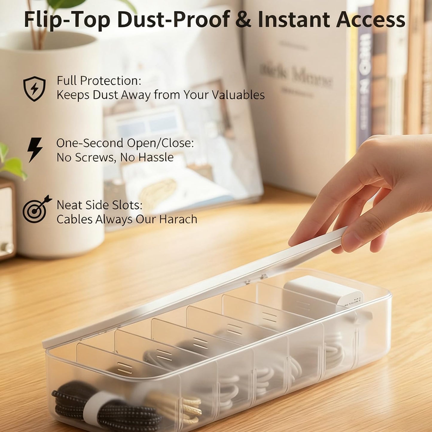 Cable Organizer Box with 7 Wire Ties, 1 Pack Desktop Cord Management Storage Case with Lid, 7 Compartments for Chargers Cables for Office Home Desk