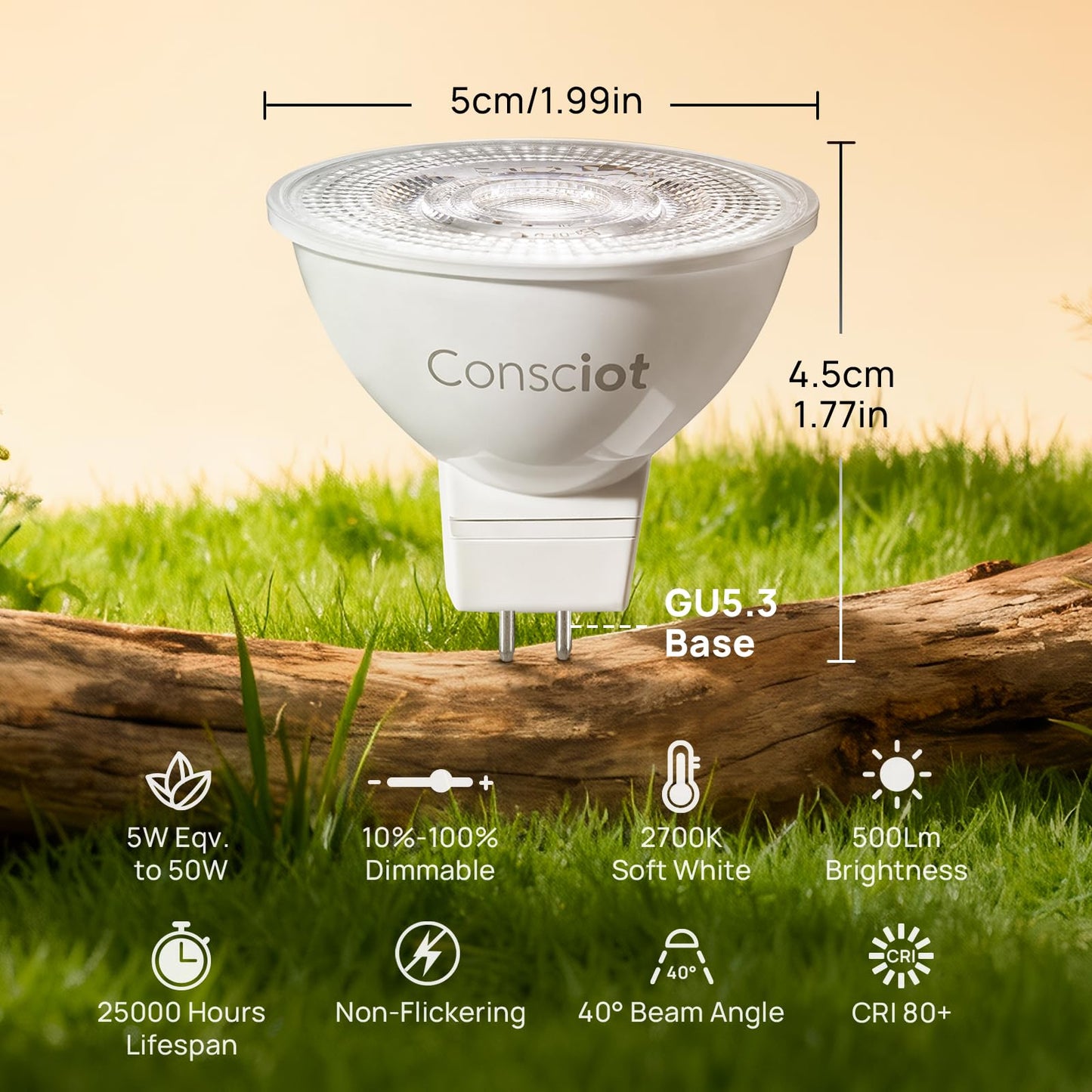 Consciot GU5.3 LED Bulb Dimmable, 5W (50W Equivalent), 2700K Soft White Light Bulb with 500lm 40° Beam Angle, 12V Low Voltage MR16 Bulb for Recessed