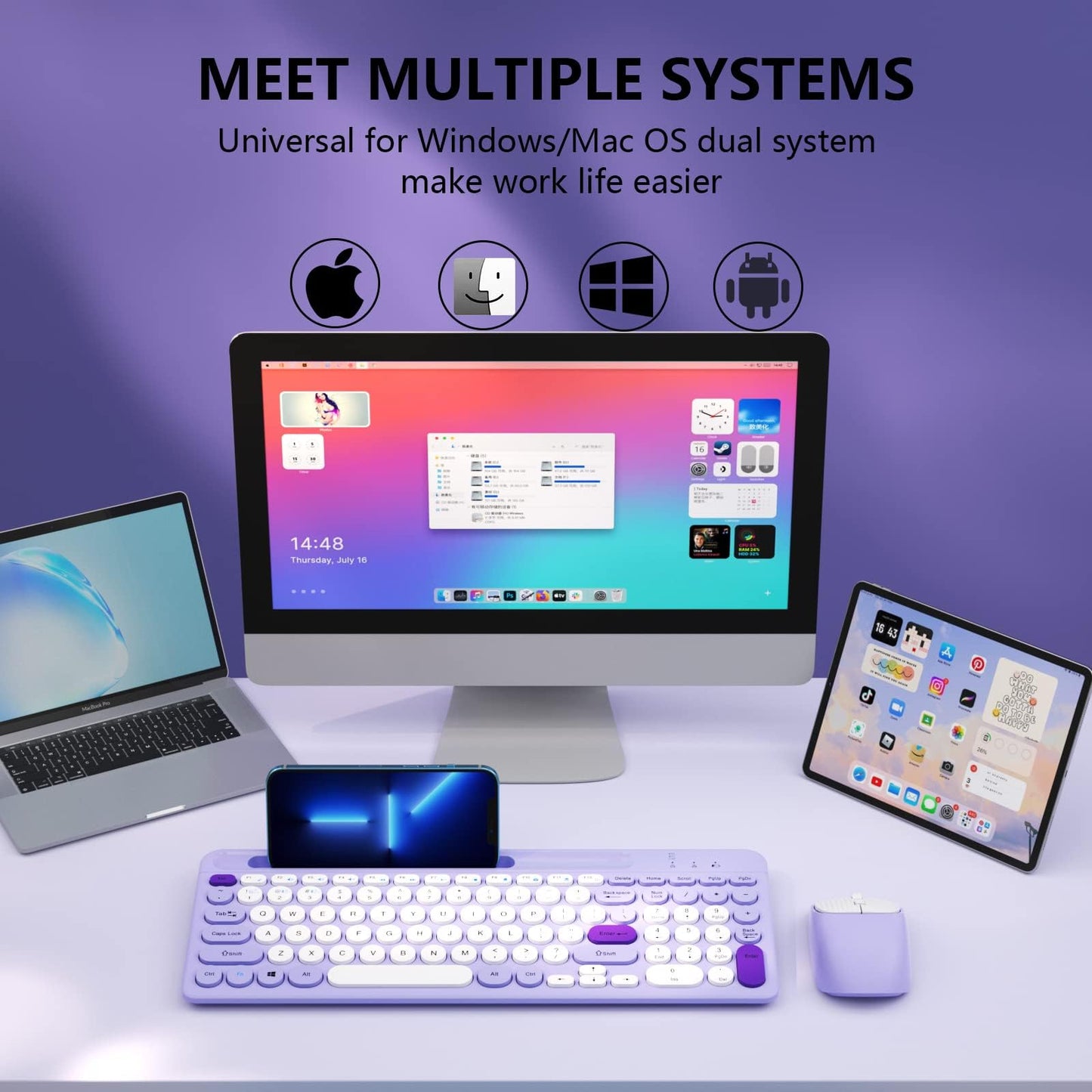 Bluetooth Keyboard and Mouse Wireless, Multi-Device Rechargeable Keyboard and Mouse Combo with Phone Holder (Bluetooth 5.0+3.0+2.4GHz) Quiet Ergonomic