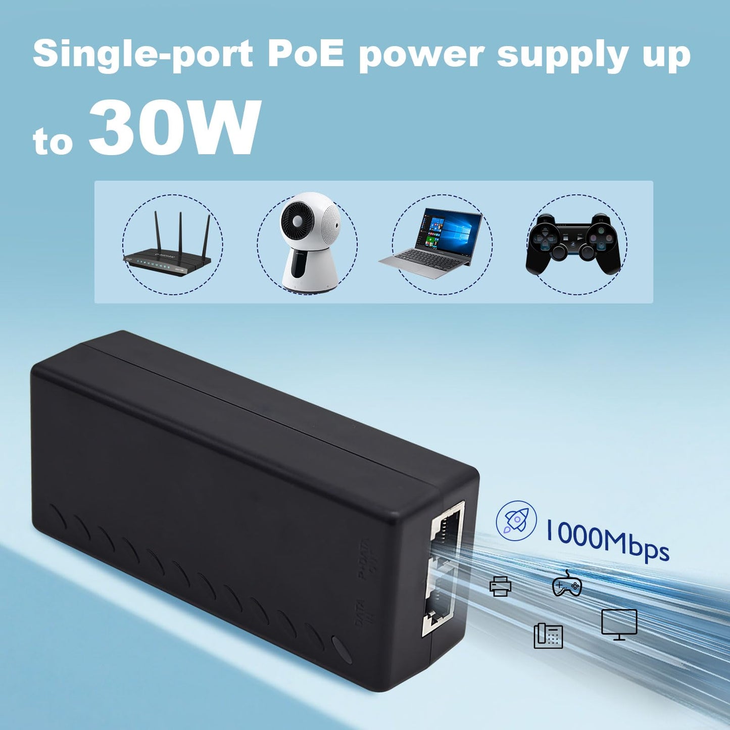Gigabit PoE+ Injector Adapter 48V Power Over Ethernet Plus - 10/100/1000Mbps, IEEE 802.3af/at Compliant -Delivers 15.4W (PoE) or 30W (PoE+) Power Over