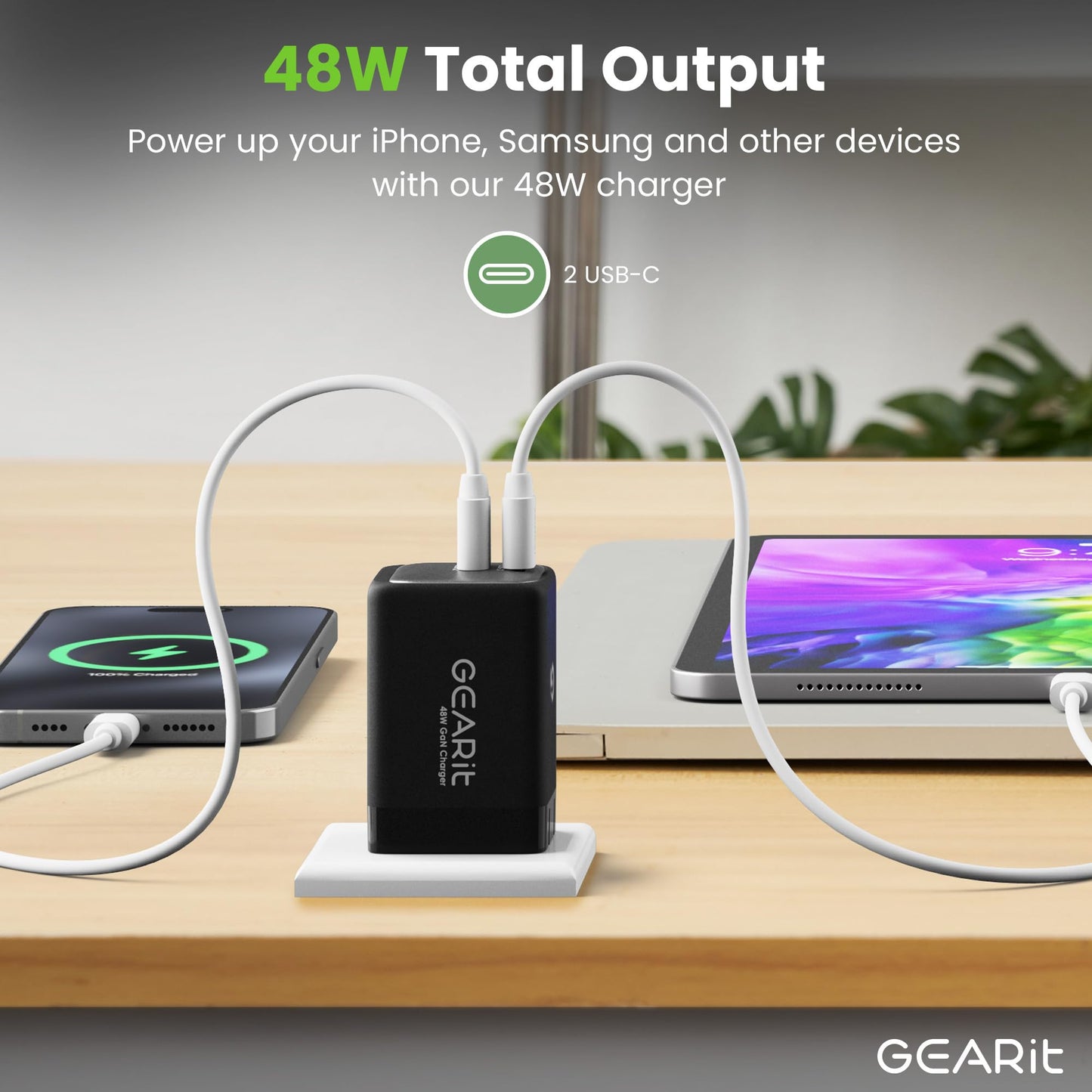 GEARit Compatible with Apple, Samsung, iPhone, iPad & Google Pixel | 48W USB C Charger Block | Fast Charging 2-Port GaN Wall Charger with PD 3.0 & PPS