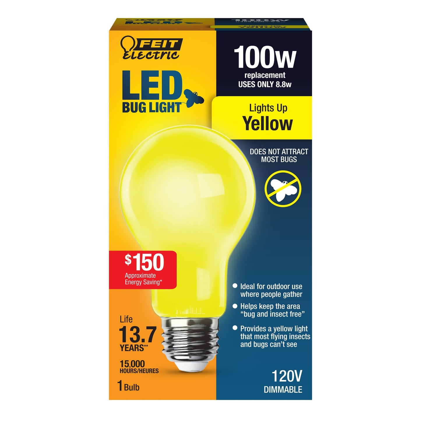 Feit Electric A19 Outdoor LED Bug Light, 100-Watt Equivalent, Dimmable LED Light Bulb, E26 Medium Base, 800 Lumens, 120V, 13 Years Lifetime, Yellow