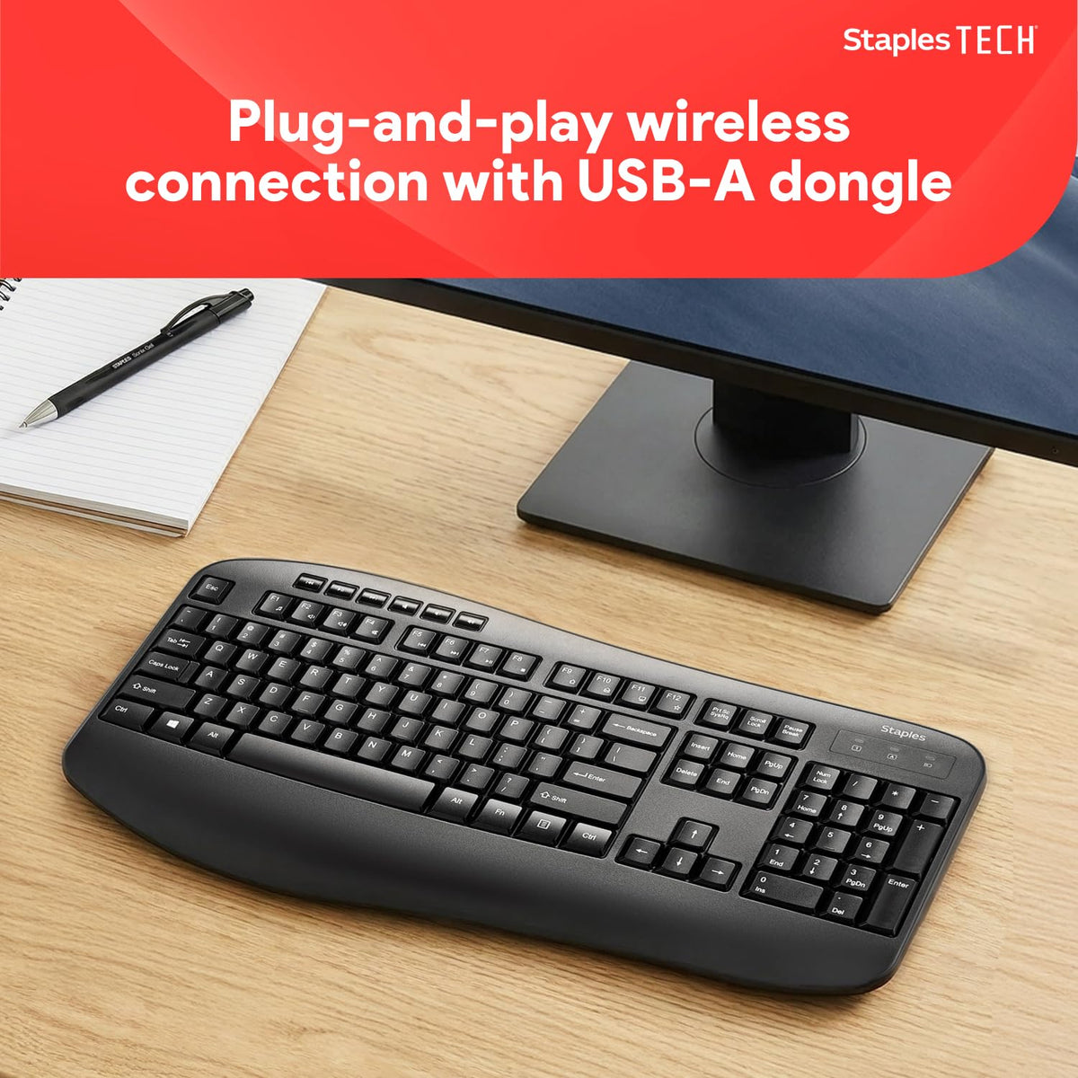 Staples TECH Wireless Comfort Keyboard, Quiet Typing, USB, Black