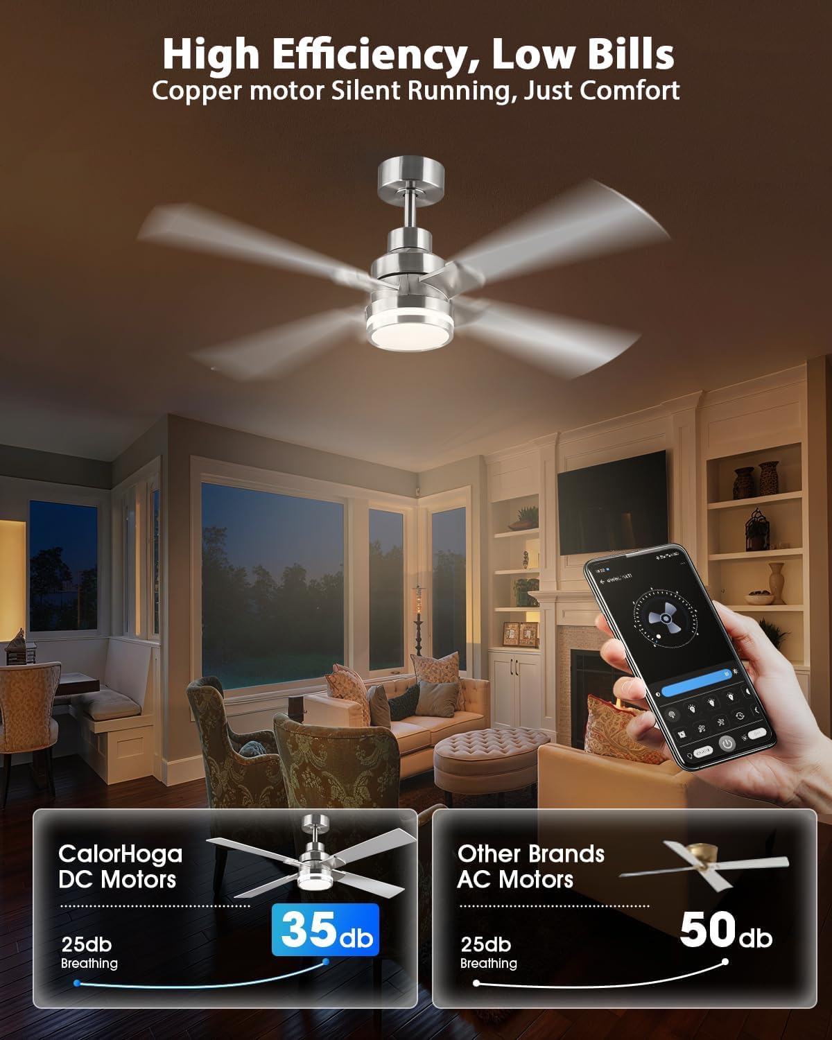 CalorHoga 52 Inch Ceiling Fans with Lights and Remote/APP, Brushed Nickel
