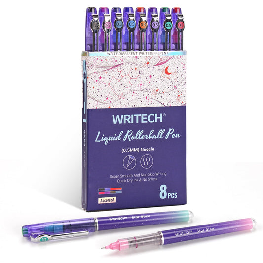 WRITECH Liquid Ink Rollerball Pens: 8ct Assorted Colors Extra Fine Point Tip 0.5mm Roller Ball Rolling Pen for Smooth Writing Coloring Drawing