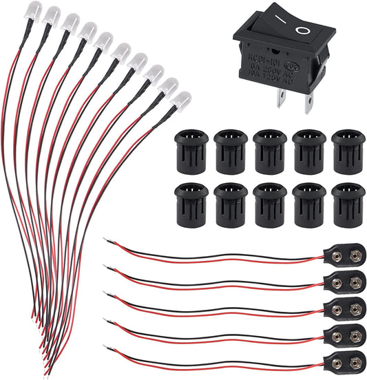 ATNSINC 26pcs/Set DC 12V LED Diodes 10mm LED Light Lamp Bulb Prewired Emitting Diodes with Holder, Battery Clip and Switch for DIY Home Decoration
