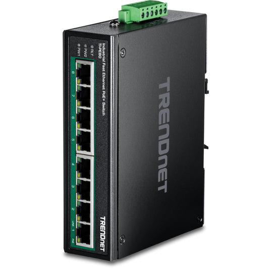 TRENDnet 8-Port Industrial Unmanaged Fast Ethernet PoE+ DIN-Rail Switch, TI-PE80, 8 x Fast Ethernet PoE+ Ports, IP50 Rated Housing, NDAA TAA