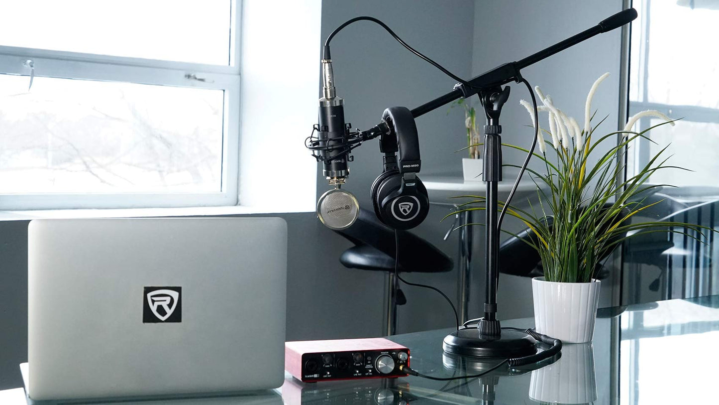 Rockville RKDS Kick Drum/Guitar Amp Mic Stand with Steel Round Base, Fixed Boom Arm, Rubber Pad, Heavy-Duty, Compact and Portable for Stage and Studio