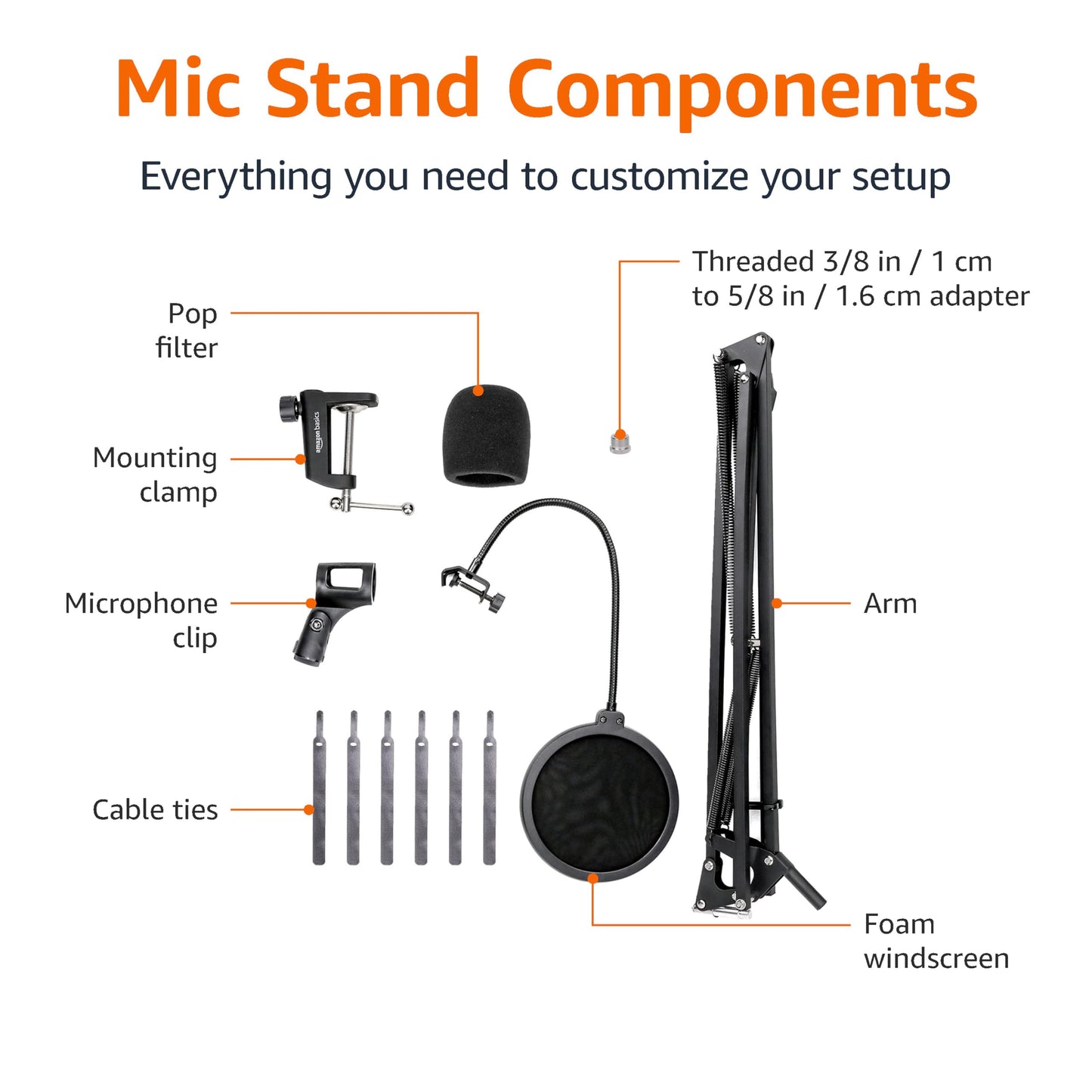 Amazon Basics Adjustable Microphone Stand, Pop Filter, Windscreen, for Blue Yeti, Snowball, Shure, Audio-Technica, other Mics, 19 inch